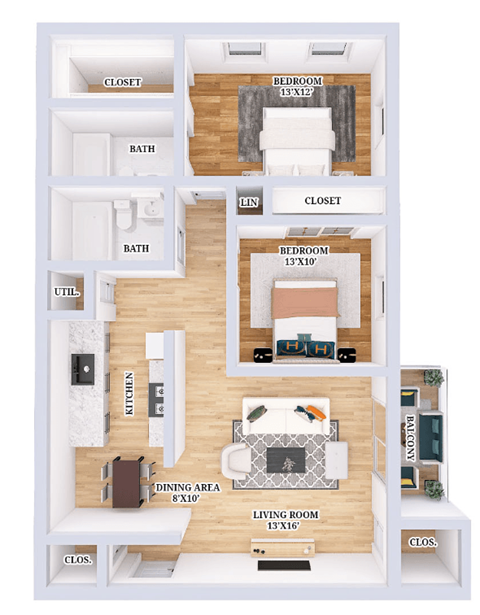 Floor plan for 2 beds, 2 baths, 850 sqft